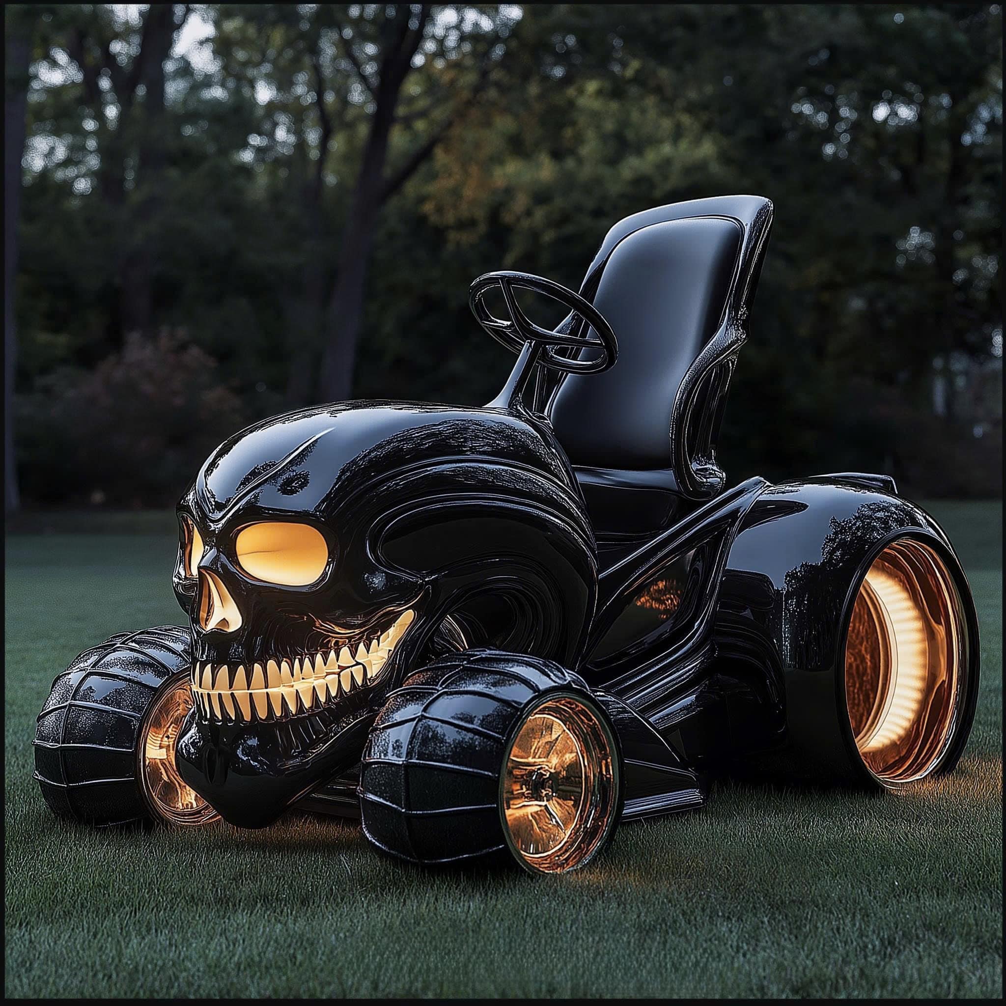 Skull-Themed Lawn Mower: Merging Practicality with an Edgy Aesthetic